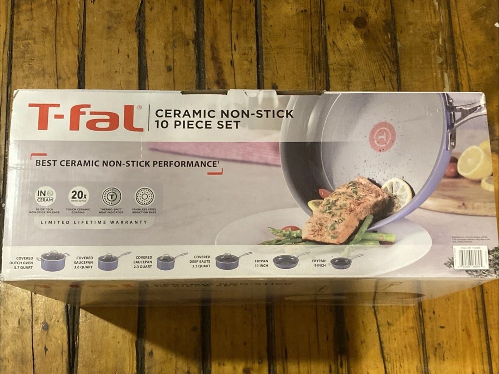 T-fal Ceramic Non-Stick Cookware Set, 10-Piece - Blue