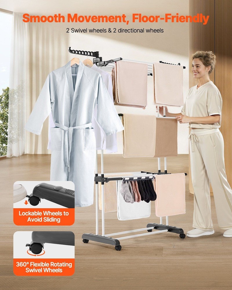 Foldable 4-Tier Drying Rack: 24 Rods, 14 Hooks, 77lb Capacity, Locking Casters