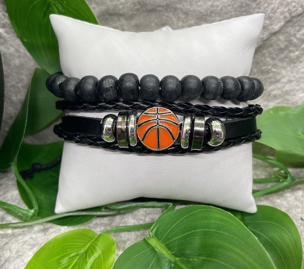 2 PC Basketball Leather Bracelet Stackable Adjustable Tie New B2816