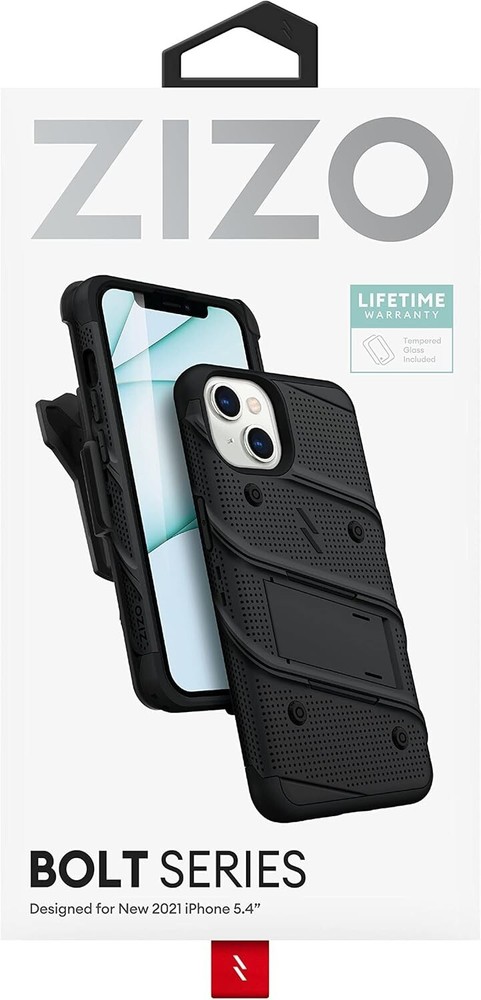 ZIZO Bolt Bundle iPhone 13, 5.4", Mini Case, Screen Protector Kickstand Holster