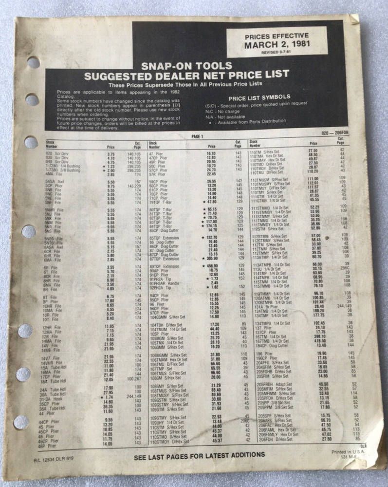 1981 Snap-On Tools Dealer net PRICE LIST Snap On tool