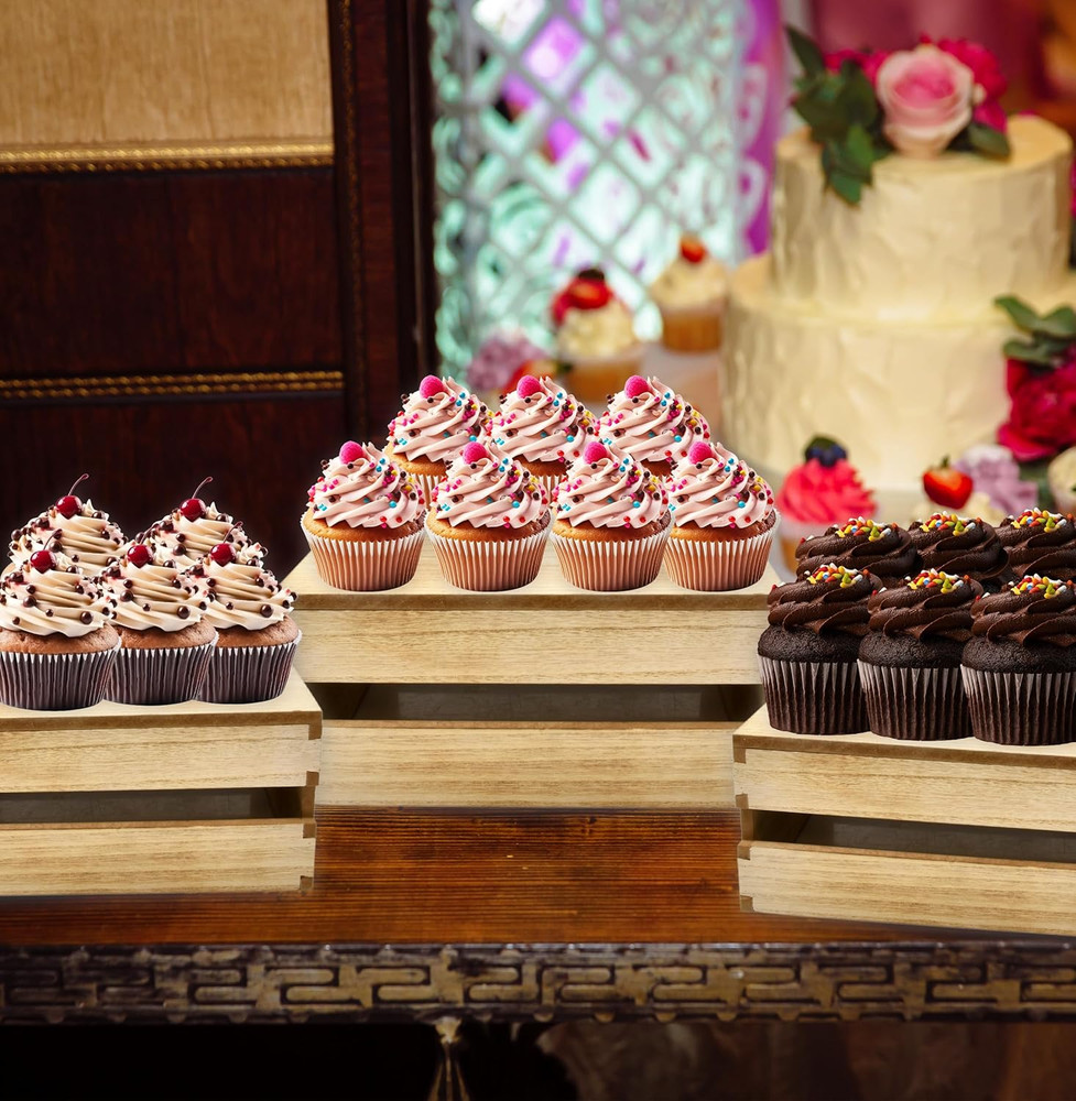 Wooden Buffet Risers Set - Rustic Display Stands for Cakes & Desserts (4 Sizes)