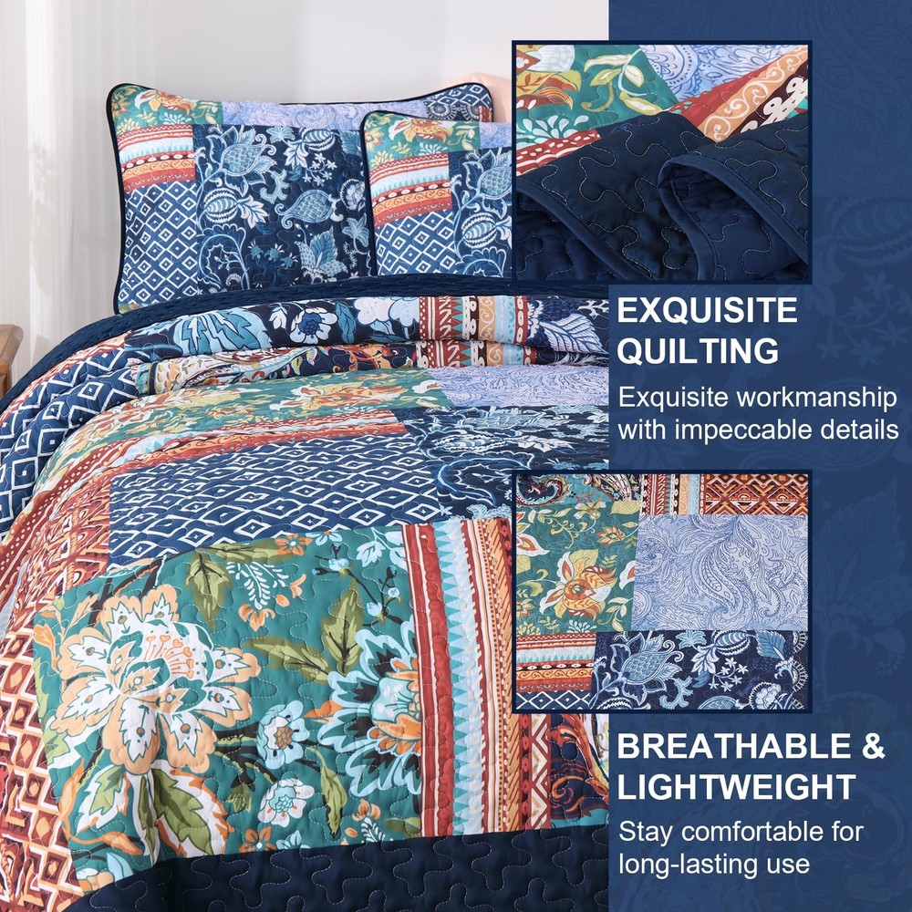 DJY Patchwork Quilt Set King Size Navy Blue Bedspread Boho Paisley King,