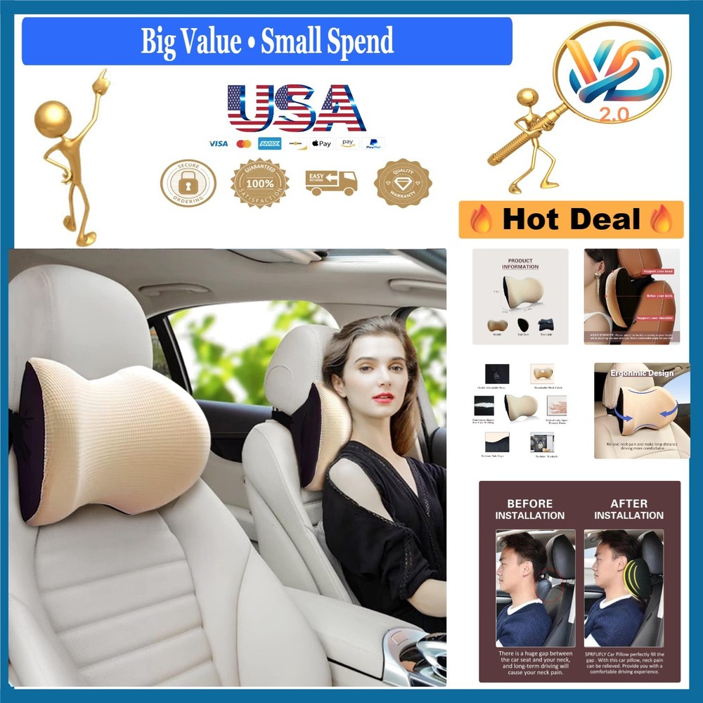 Super Comfy Car Headrest Pillow Memory Foam Adjustable Neck Support Beige