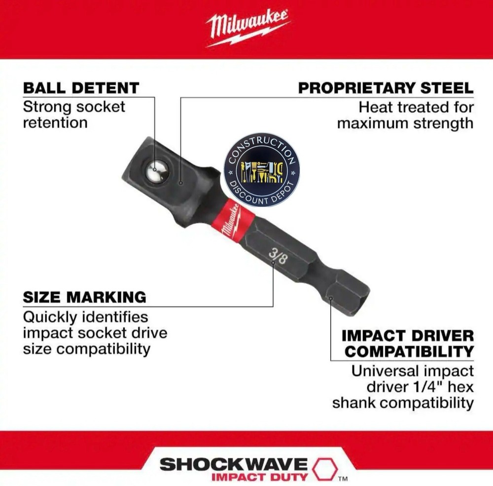 Milwaukee SHOCKWAVE Impact Duty 3/8" Socket Adapter 1/4" Shank Bulk 4 Pack