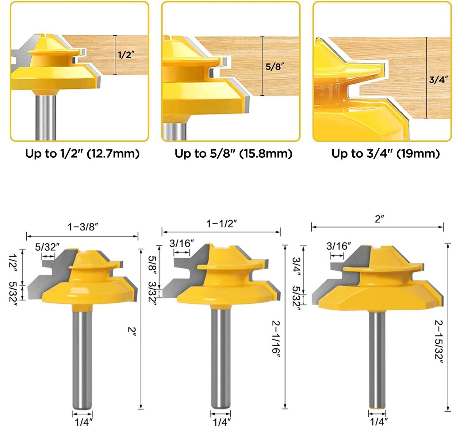 3Pcs 45 Degree Lock Miter Router Bit Set,1/2",5/8",3/4" Cutting Height,1/4"Shank