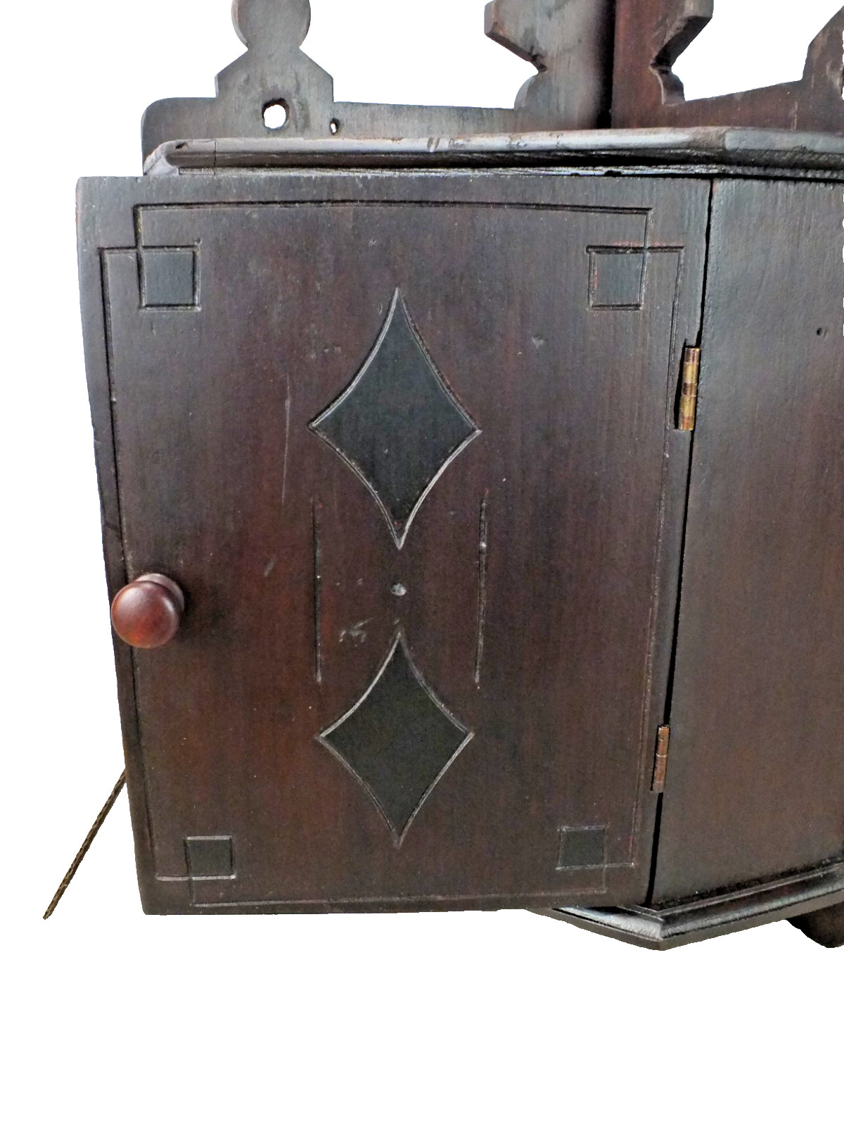 1800s Antique Wall Hung Corner Cabinet Dark Red Brown Finish w Black Highlights