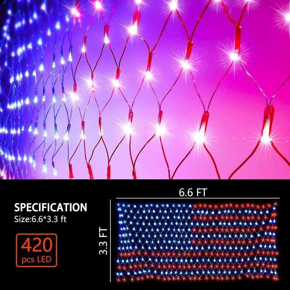 6.5ft x 3.3ft American Flag Net Light, 420 LED String Lights Party Garden Decor