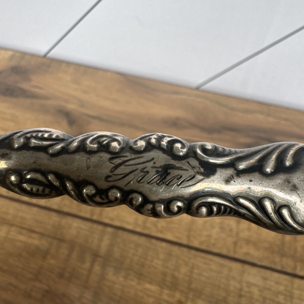 Antique Sterling Silver Handle Button Hook Beaded Floral & Scrolling Design