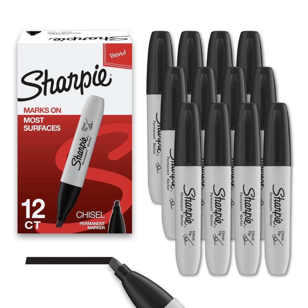 Sharpie Chisel Tip Permanent Markers; Permanent Ink Marks On Paper, 12ct black