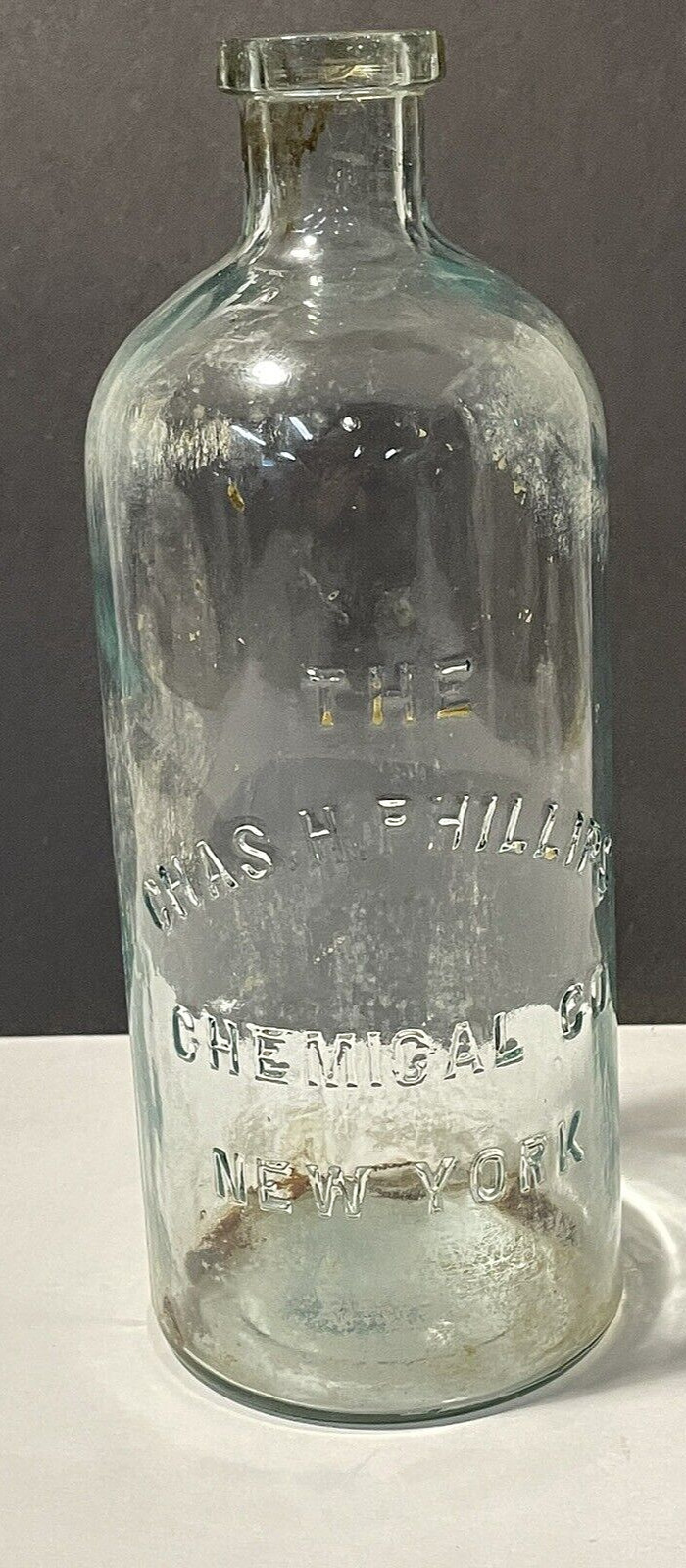VTG Embossed CHAS H. PHILLIPS CHEMICAL CO. Bottle Blue Green Glass 10.5" tall