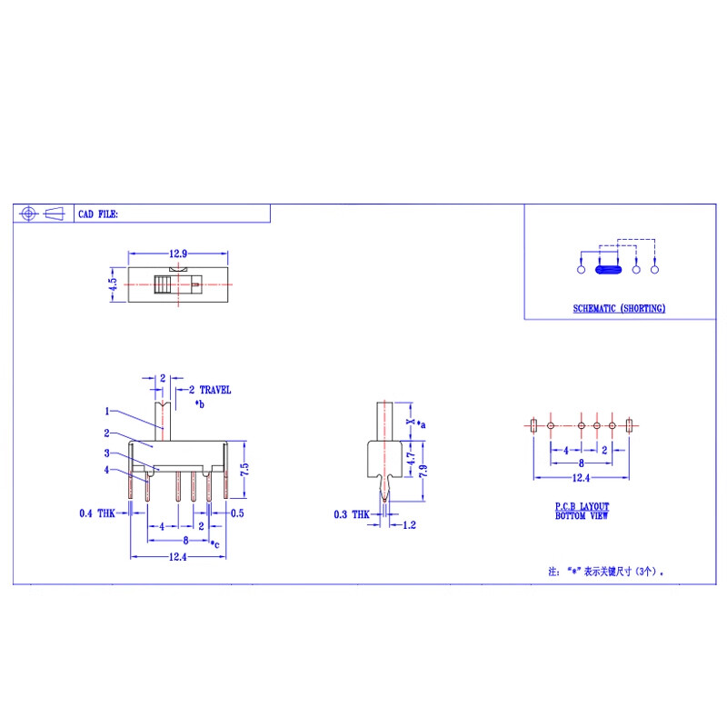 55 Pcs 4Pin PCB Mount 3 Position SP3T Horizontal Mini Slide Switch
