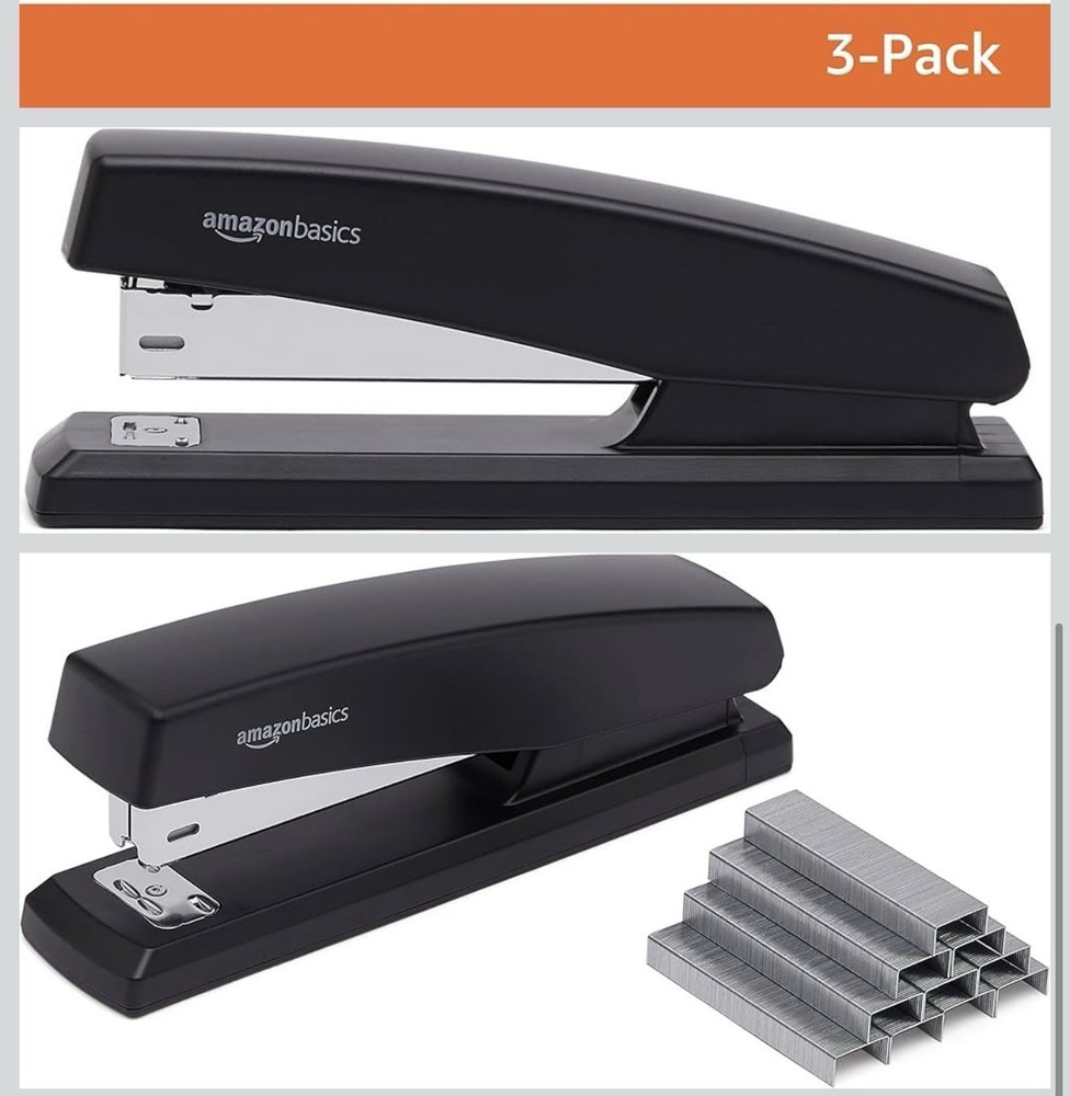 Amazon Basics Desktop Stapler Set, 3 Pack, 25 Sheet Capacity, Black