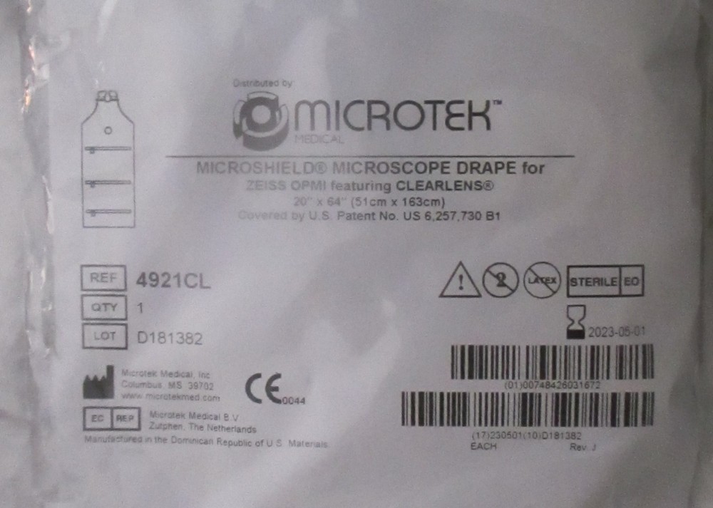 Microtek Microshield Microscope Sterile Drape Zeiss OPMI w/Clearlens 20x64 4921