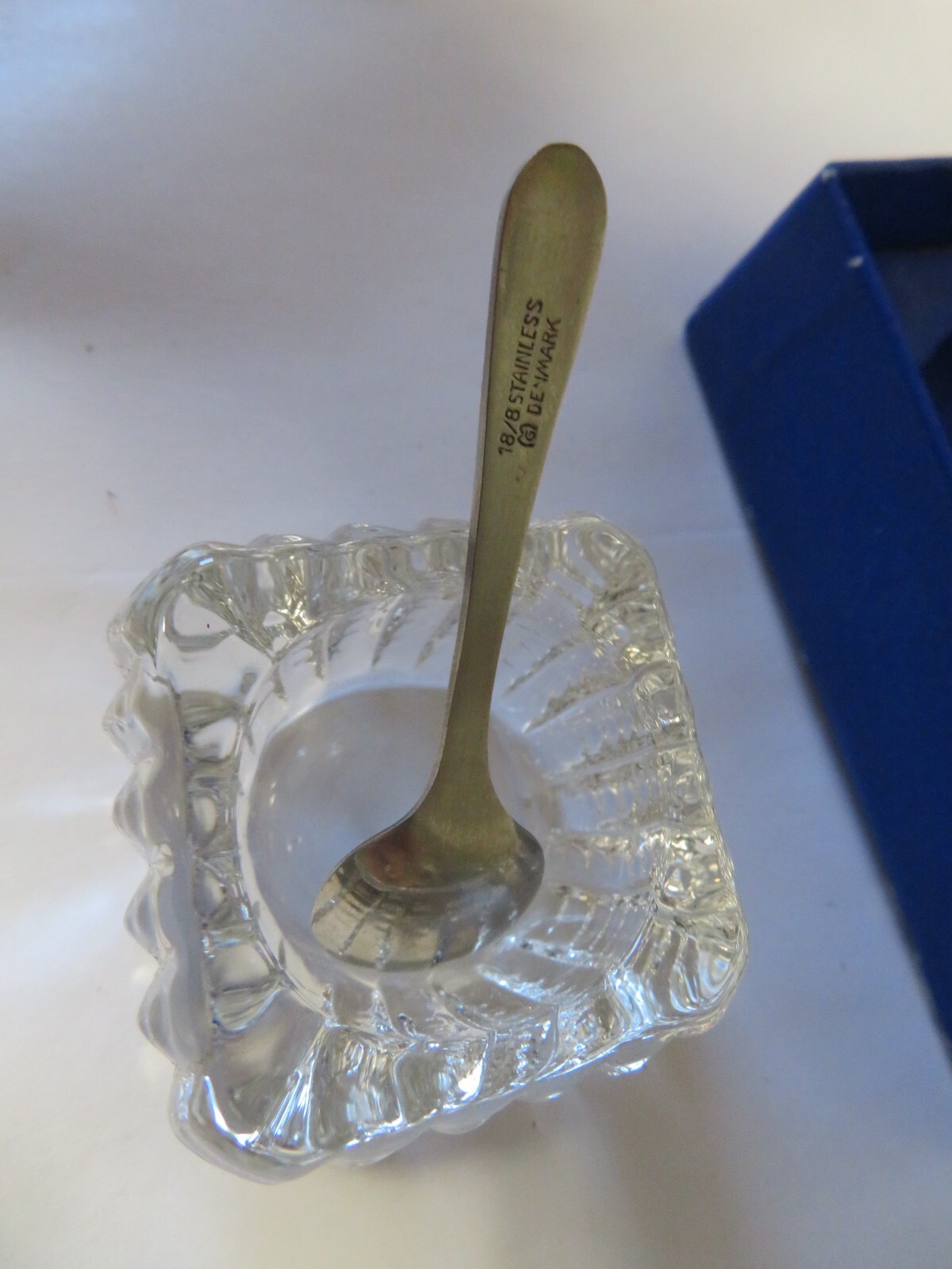 18/8 Stainless Salt Spoon Denmark w/ Cambridge Glass Salt Cellar