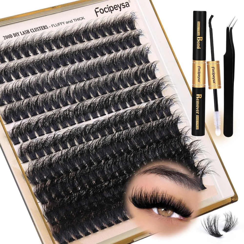 Lash Extension Kit: 200 Fluffy Clusters & Essentials for Home Application