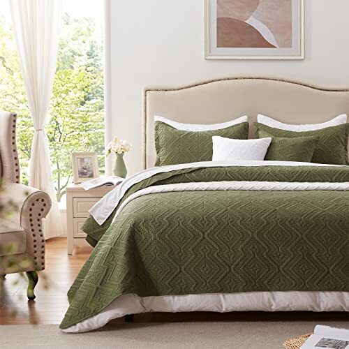 Full/Queen Soft Microfiber Olive Green Bedspread Warm Bedding Quilt Sets