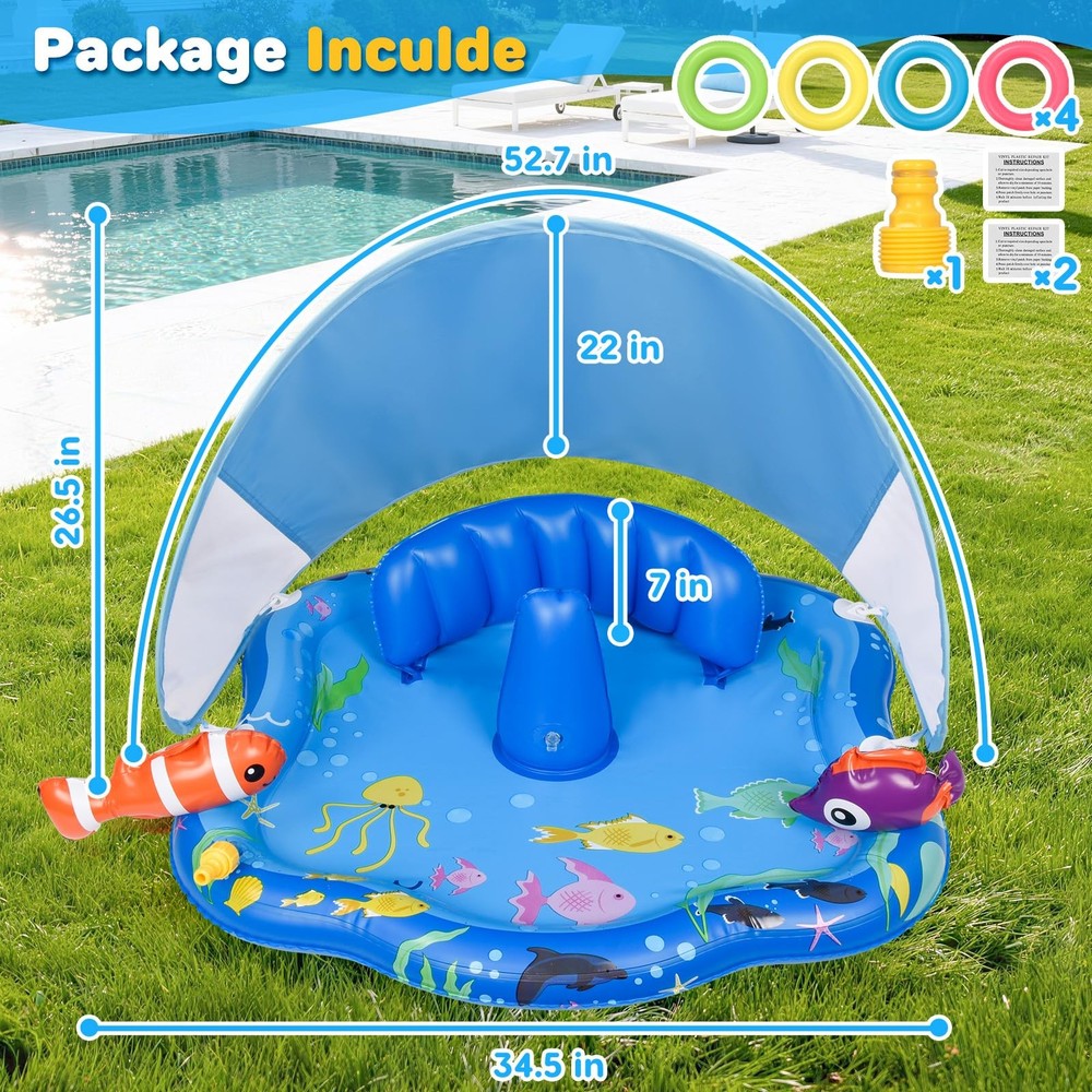 Baby Pool Float with Sprinkler, Inflatable Baby Splash Pad with Stackable Rin...