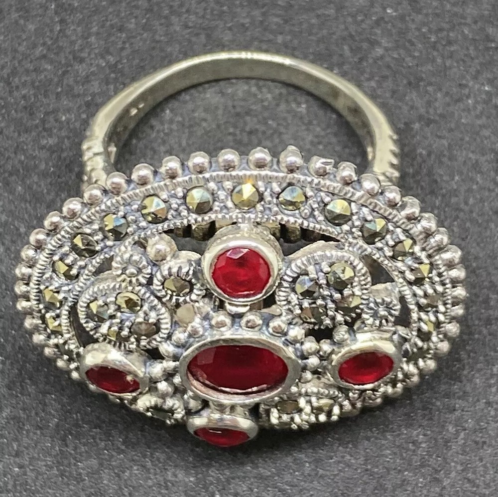 Beautiful 925 Silver Ruby-Marcasite Ring Size 9 W 13.2 Gr.