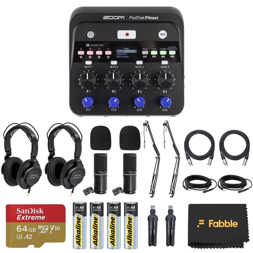 Zoom PodTrak P4next Portable Multitrack Podcast Recorder Bundle
