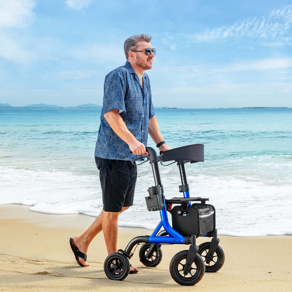 12"+10" Rubber Wheels All-Terrain Rollator Walker with Seat Foldable Adjustable