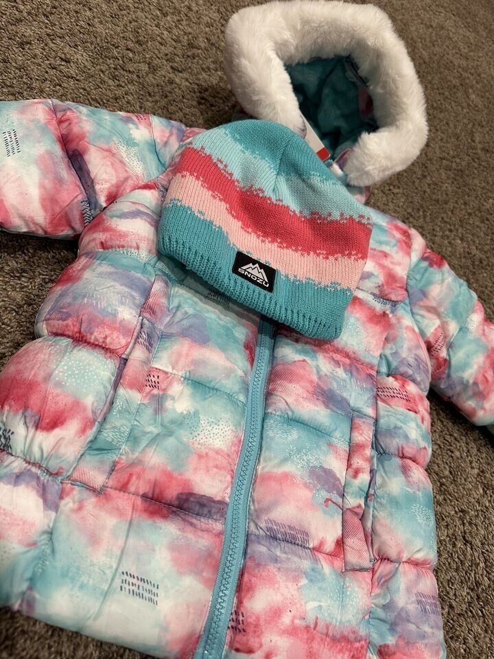 NEW Snozu Kids Girl's Puffer Jacket with Knitted Hat, Pastel Multicolor, Size 4T