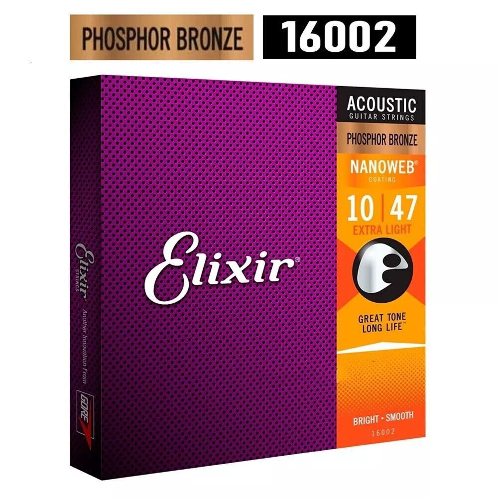 Elixir 16002 Nanoweb Phosphor Bronze Acoustic Guitar Strings 10-47 Extra LightCE