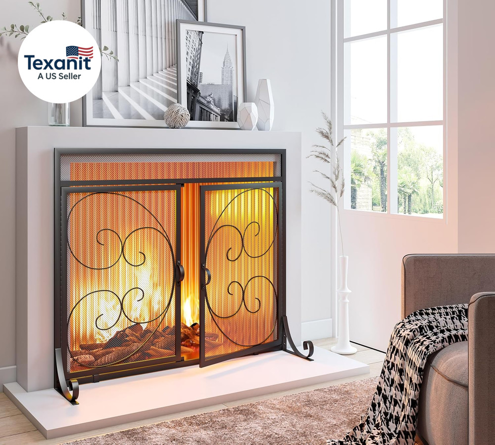 Flat Fireplace Screen with Hinged Doors Handcrafted Wrought Iron Classical Scrol