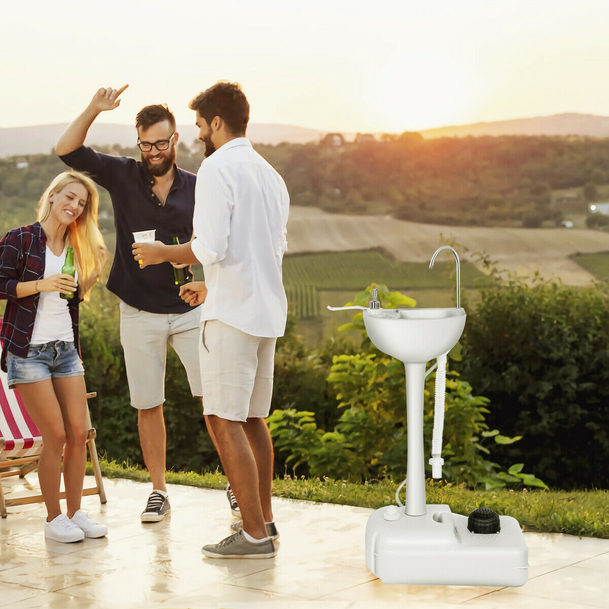 Portable Wash Sink Camping Sink Wash Basin Stand w/ Wheels & Foot Pump