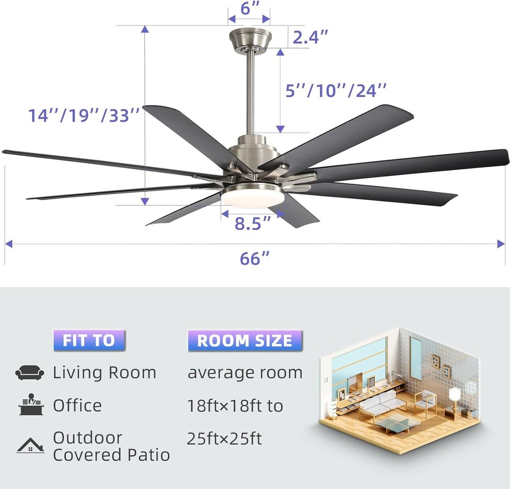 Extra Large 66'' Ceiling Fan & Light APP Remote Control 8-Blades Cooling Modern
