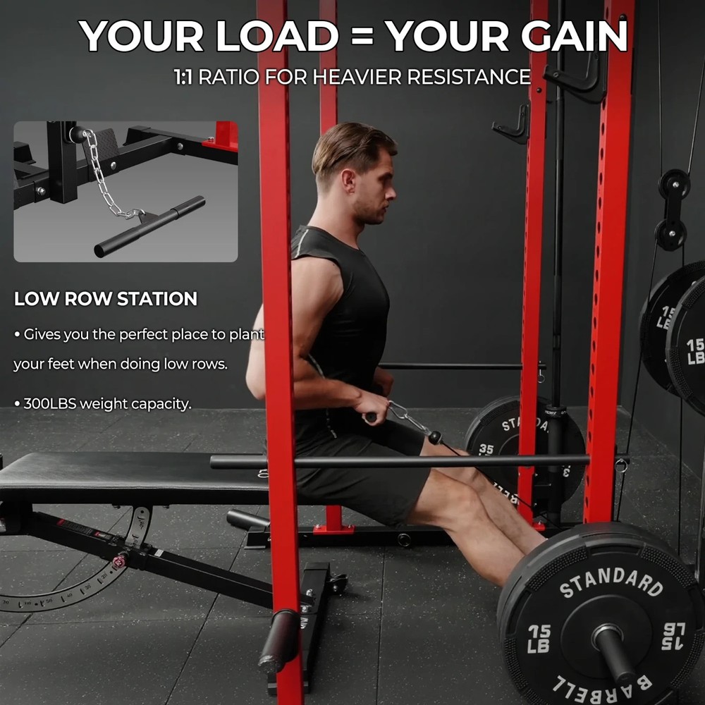 Power Cage Squat Rack w/ LAT Pulldown Cable System 1200LB Home Gym