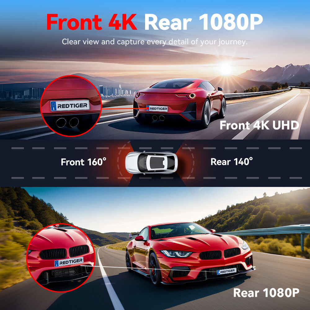 REDTIGER A4 Dash Cam Front and Rear 4K Dash Camera, 5.8GHz WiFi, 2" Touch Screen