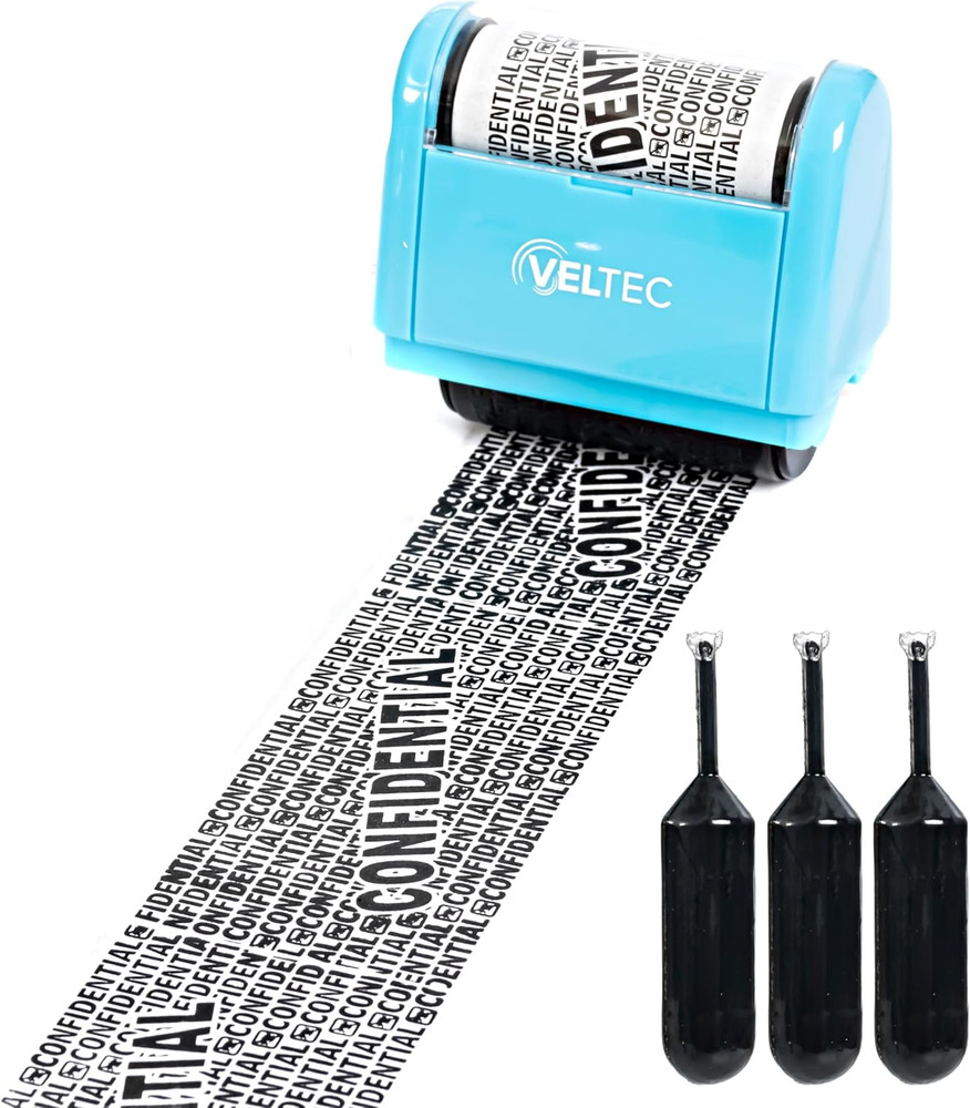Veltec ID Protector Ink Roller - Identity Theft Protection Roller Stamp Set (Blu