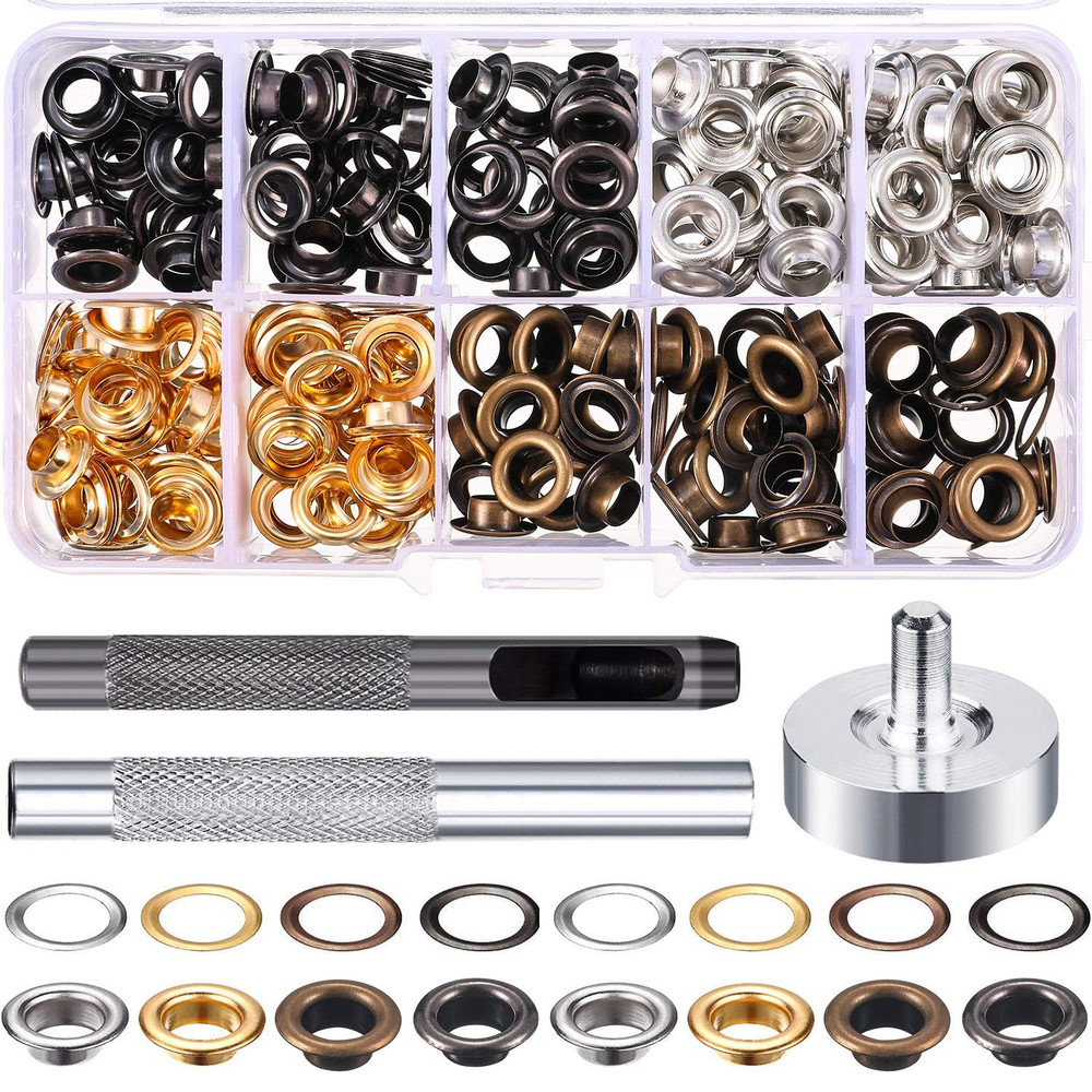Grommet Kit 200 Sets Grommets Eyelets with 3 Pieces Install Tool Kit, 4 Colors (