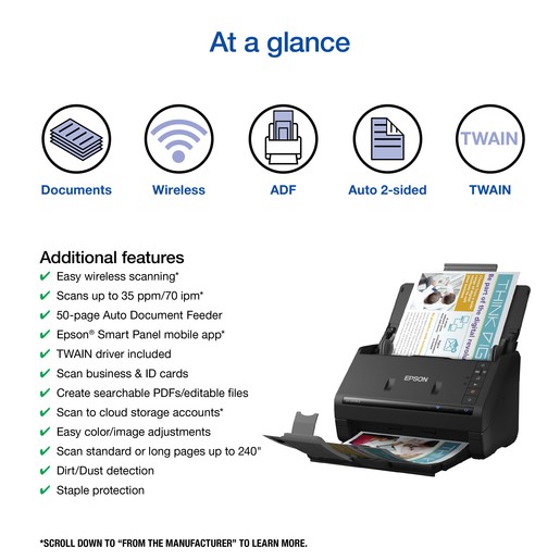Epson WorkForce ES-500W II Wireless Document Scanner - Certified Refurbished