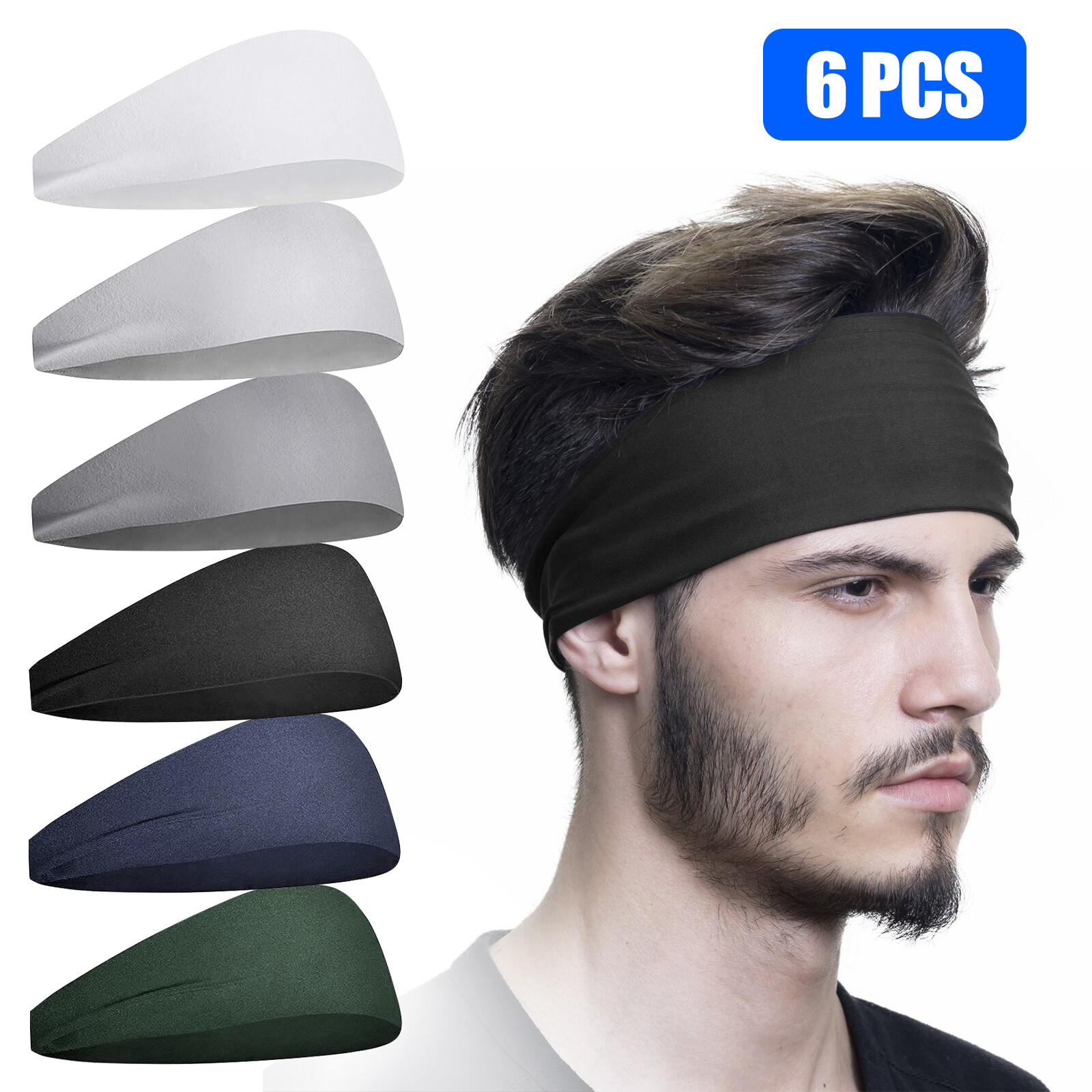 6PCS Men Women Sport Headband Moisture Wicking Sweat Band Elastic Wide Hair Band