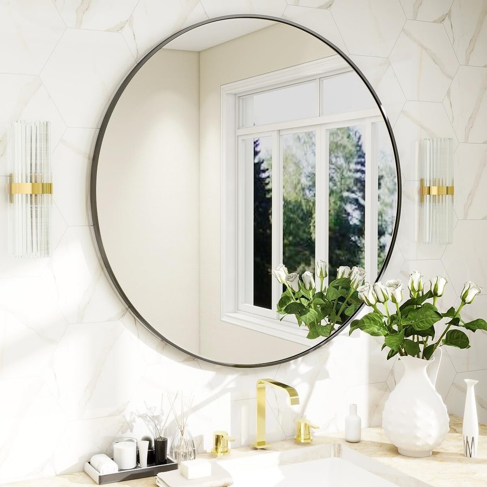 24-Inch Round Decorative Wall Mirror with Pre-Installed Hooks for Easy Mounting