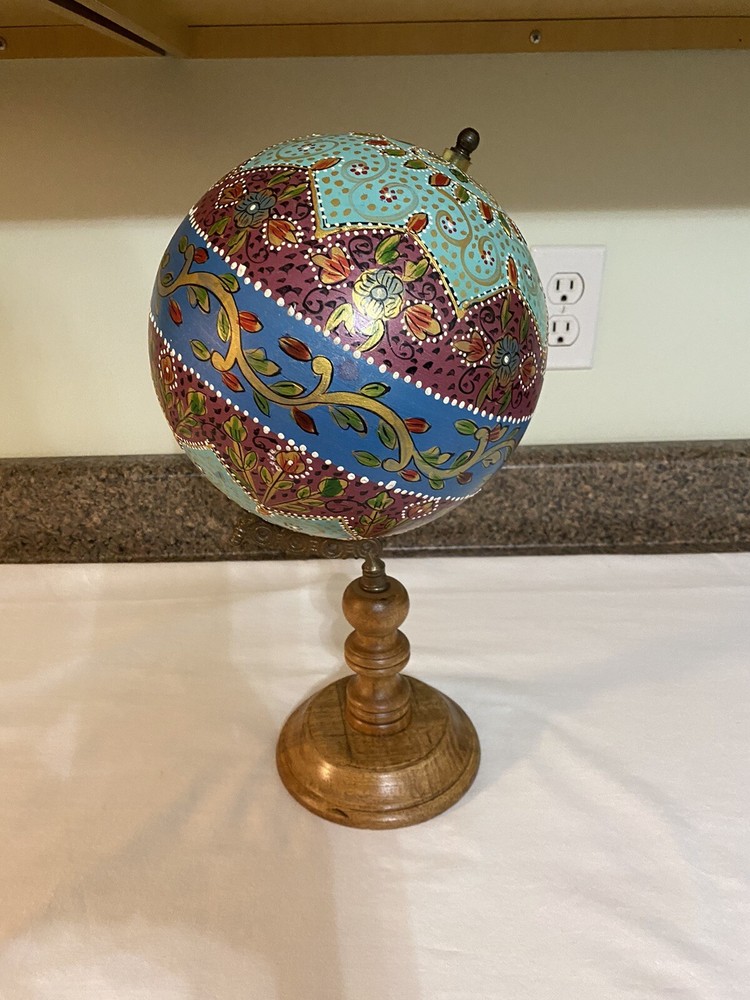 Decorative Hand Painted Globe On Wooden Base Multi Colored 15" Does Turn