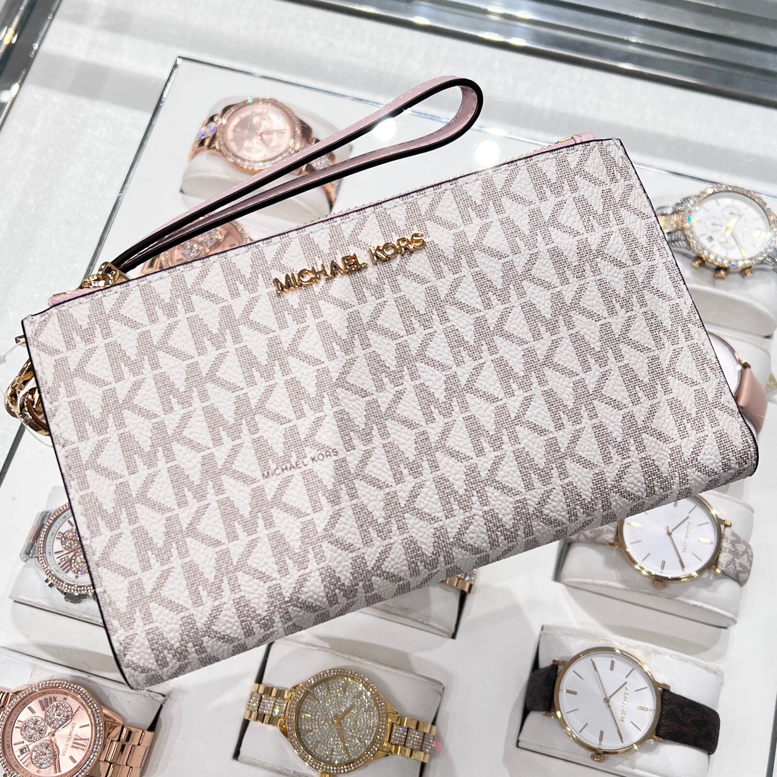 Michael Kors Jet Set Travel Double Zip Wristlet Wallet Vanilla Pink Powder Blush