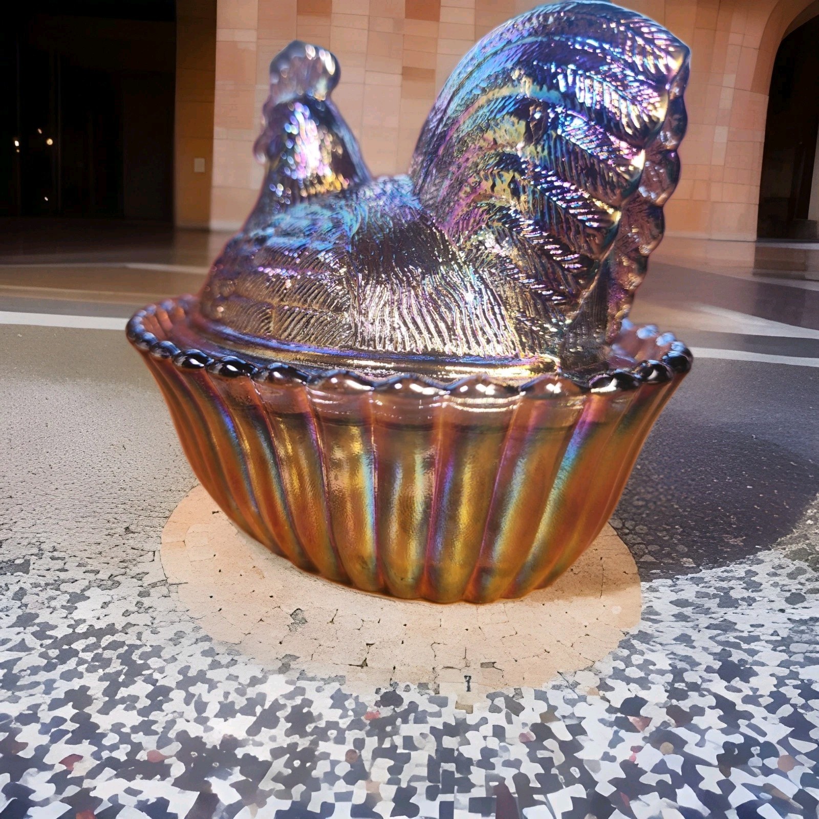 5" Rooster With Split Tail on a Ribbed Nest Titanium Carnival Westmoreland Mould