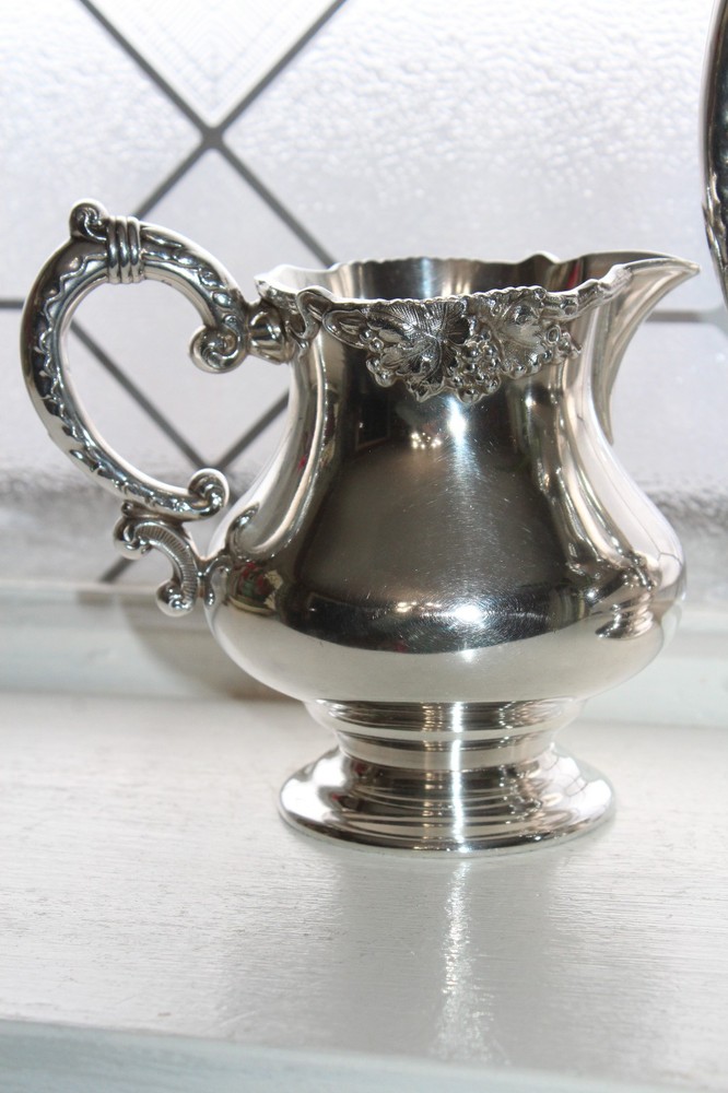 Antique Silverplate Teapot Creamer & Sugar EG Webster Silver Co Grape Pattern