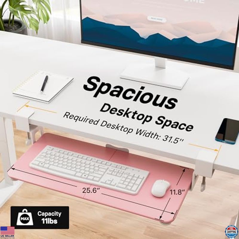 Under Desk Keyboard Tray Pull-Out Mouse Platform Ergonomic Space-Saving Pink