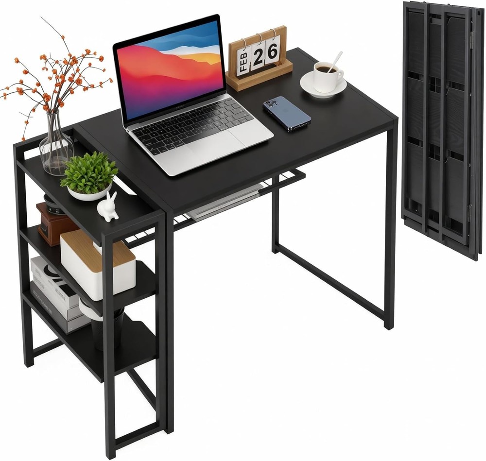 35 inch Folding Desk Writing Computer Desk with Storage Shelf Writing Table