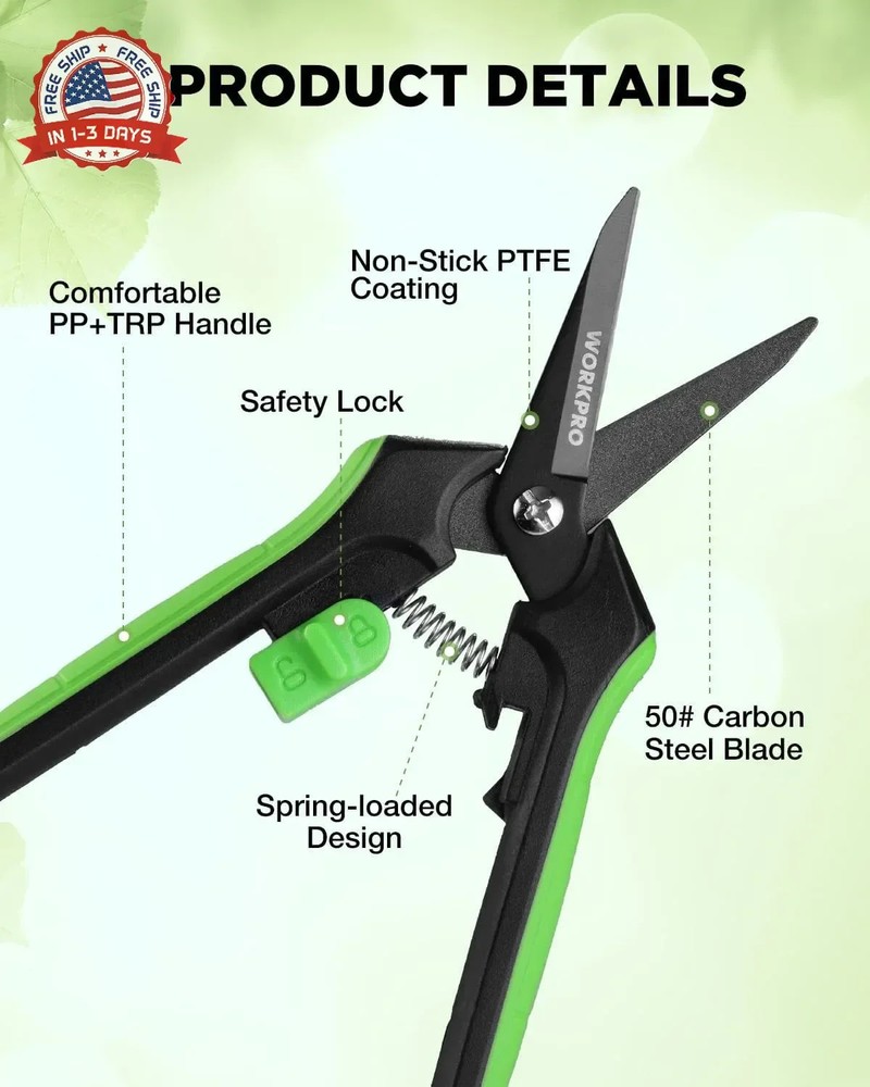 WORKPRO 6-Inch Pruning Shears, Sharp Gardening Scissors for Precise Cuts, High-C
