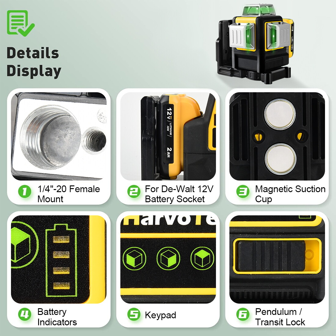 Laser Level for Dewalt 12V 3 Sides*360° Vertical 12 Lines Horizontal Green Light
