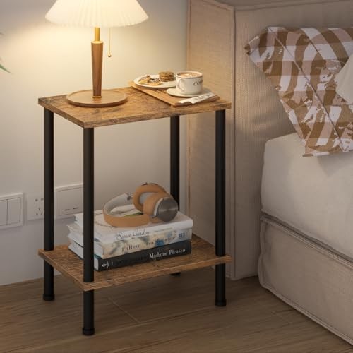 End Table,Small Side Table,2-Tier Nightstand with Storage Brown 1pc No Plug