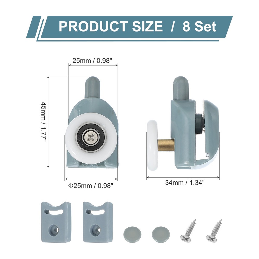 8Pcs 25mm Single Shower Door Rollers Plastic Bottom Wheels Pulleys Guide Grey
