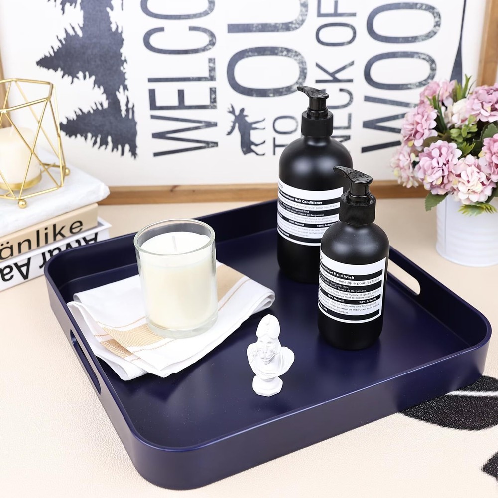 Square Navy Blue Decorative Serving Tray with Handles Versatile Ottoman Tray ...