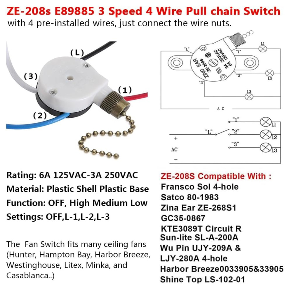 Ceiling Fan Switch Zing Ear ZE-208s E89885 3 Speed 4 Wire Pull Chain Switch Fan