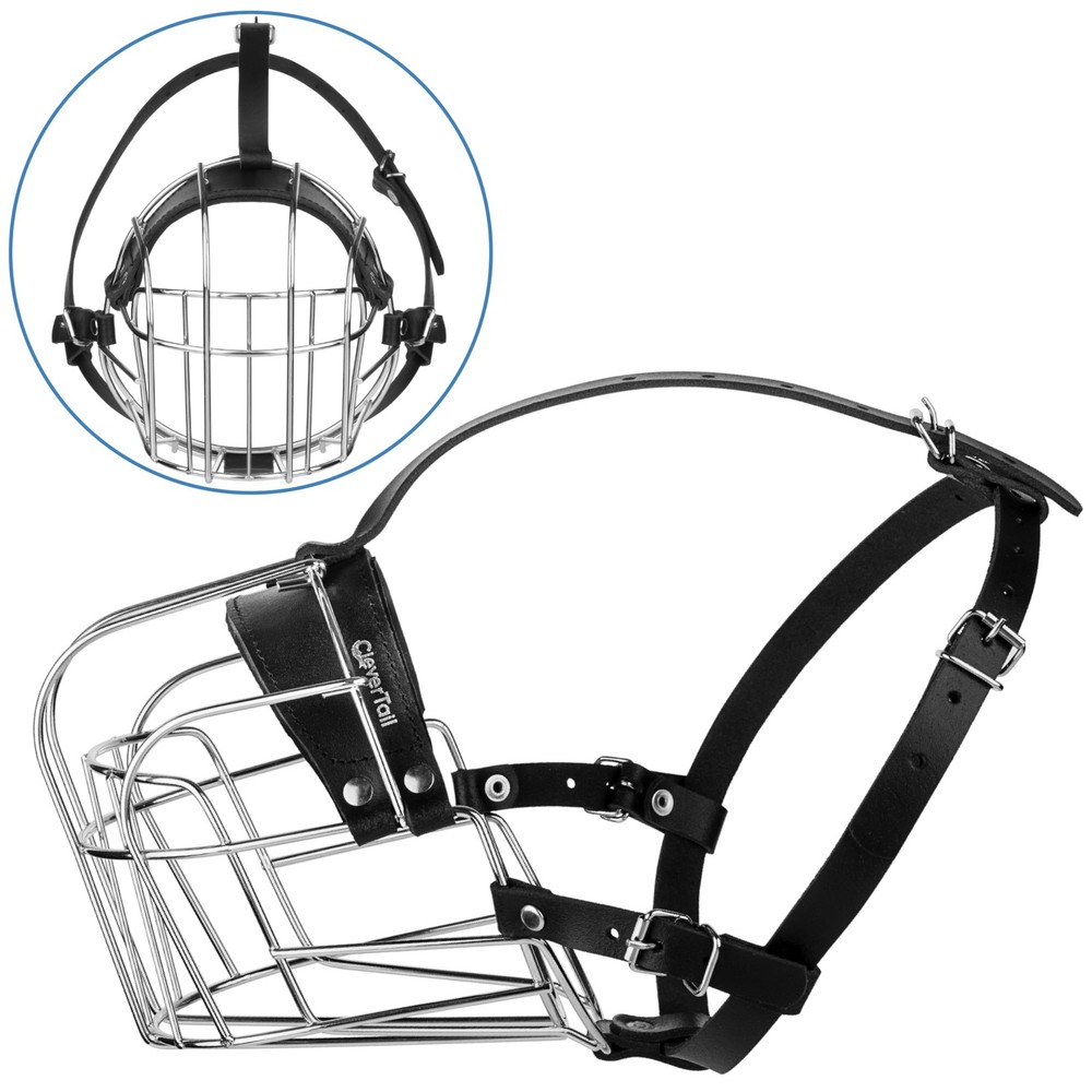 CleverTail XL Metal Dog Muzzle for Extra Large, Silver Wire & Black Straps